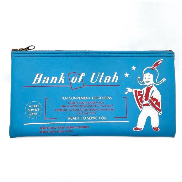 Vintage Bank of Utah Vinyl Zipper Pouch Blue Advertising Deposit Bag Ogden Roy - Picture 1 of 9